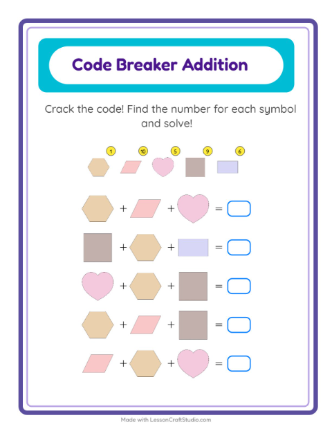 Preview of Code Addition worksheet featuring Shapes for kindergarten