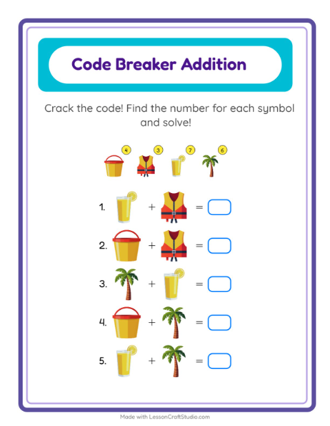 Preview of Code Addition worksheet featuring Summer for kindergarten