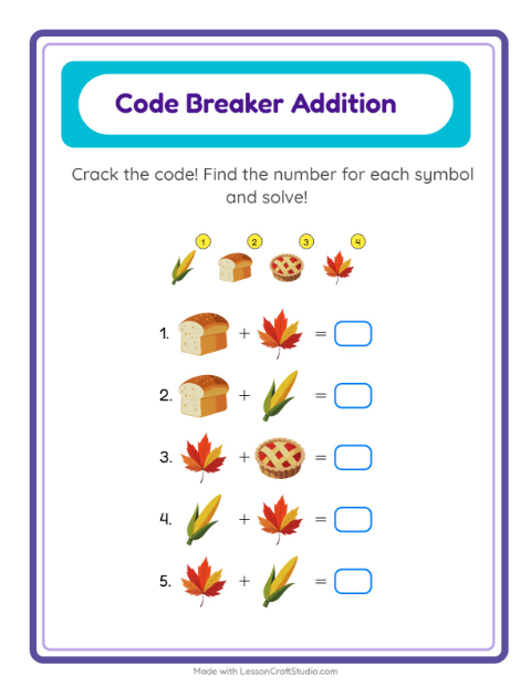 Preview of Code Addition worksheet featuring Thanksgiving for kindergarten