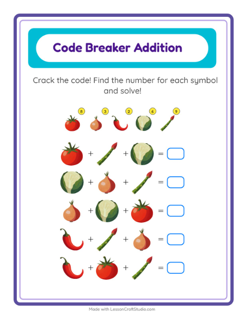 Preview of Code Addition worksheet featuring Vegetables for kindergarten