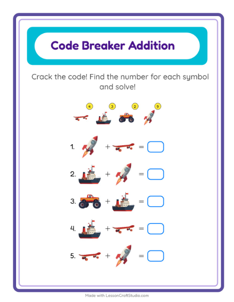 Preview of Code Addition worksheet featuring Vehicles for kindergarten