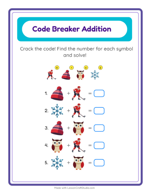 Preview of Code Addition worksheet featuring Winter for kindergarten