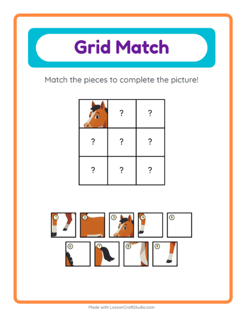 Preview of Grid Match worksheet featuring Animals for kindergarten