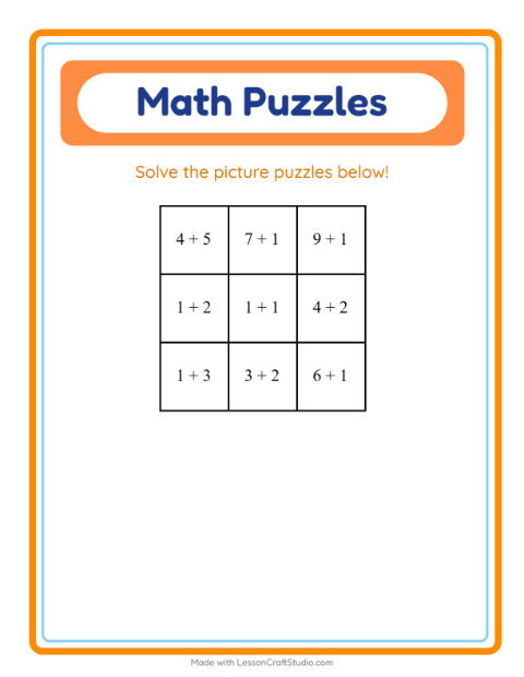 Preview of Math Puzzle worksheet featuring Miscellaneous for grade 1