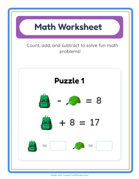 Preview of Math Worksheet worksheet featuring Accessories for kindergarten