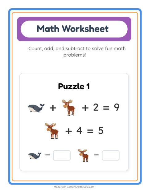 Preview of Math Worksheet worksheet featuring Animals for kindergarten