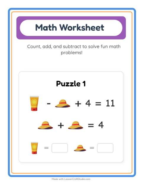 Preview of Math Worksheet worksheet featuring Beach for kindergarten
