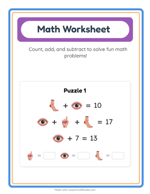 Preview of Math Worksheet worksheet featuring Body Parts for kindergarten