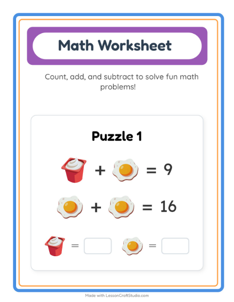 Preview of Math Worksheet worksheet featuring Breakfast for kindergarten