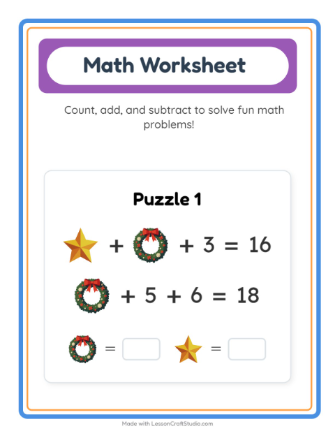 Preview of Math Worksheet worksheet featuring Christmas for kindergarten