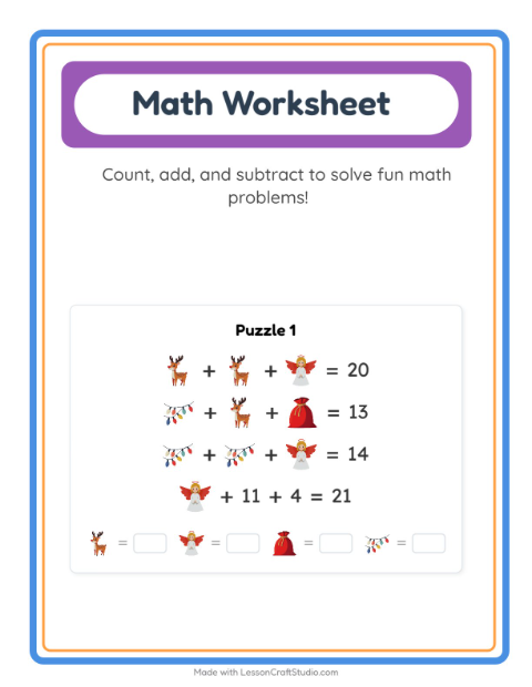 Preview of Math Worksheet worksheet featuring Christmas for kindergarten