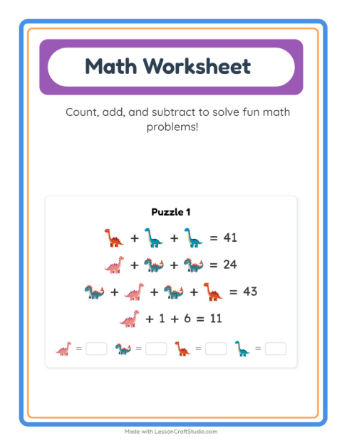 Preview of Math Worksheet worksheet featuring Dinosaurs for kindergarten