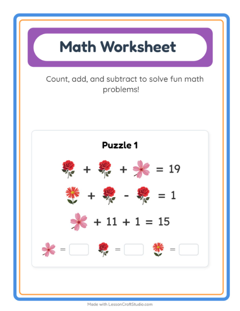 Preview of Math Worksheet worksheet featuring Flowers for kindergarten