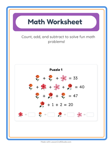 Preview of Math Worksheet worksheet featuring Flowers for kindergarten