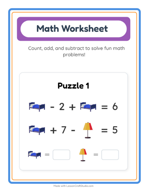 Preview of Math Worksheet worksheet featuring Furniture for kindergarten