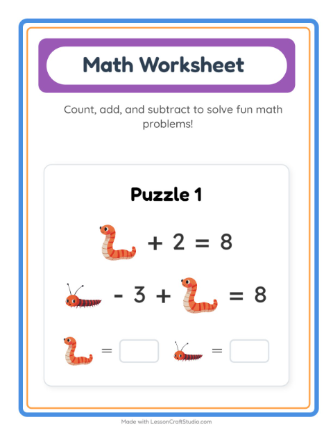 Preview of Math Worksheet worksheet featuring Insects and Bugs for kindergarten