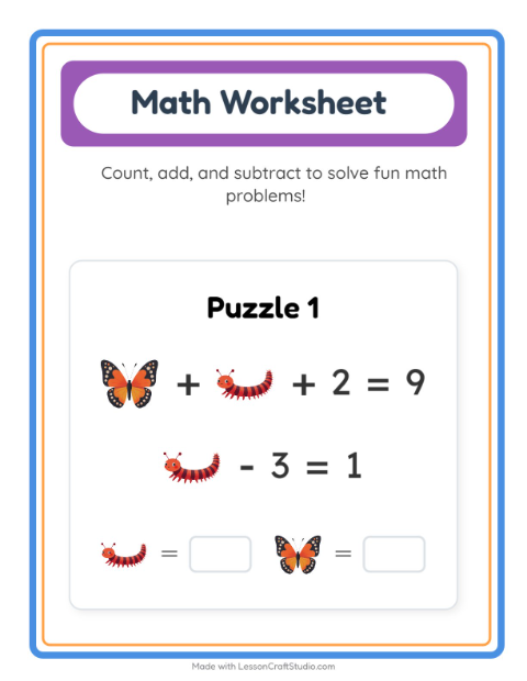 Preview of Math Worksheet worksheet featuring Insects and Bugs for kindergarten