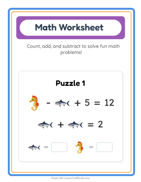 Preview of Math Worksheet worksheet featuring Ocean Life for kindergarten