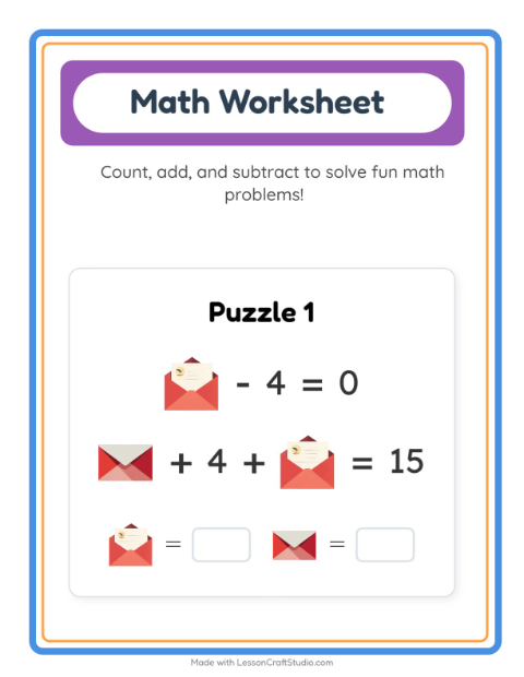 Preview of Math Worksheet worksheet featuring Post Office for kindergarten