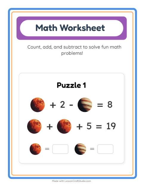 Preview of Math Worksheet worksheet featuring Space for kindergarten
