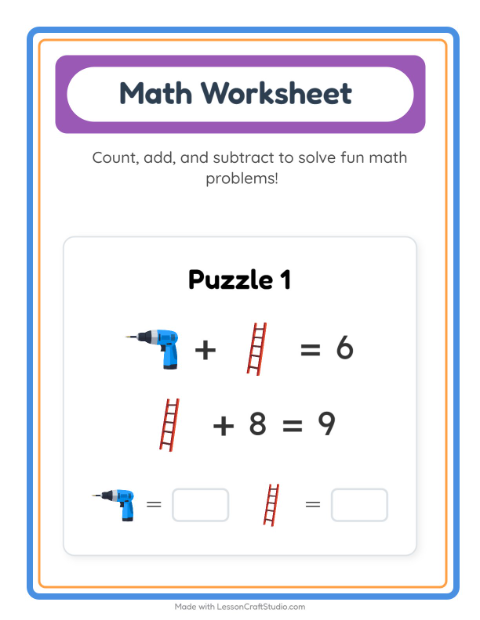 Preview of Math Worksheet worksheet featuring Tools for kindergarten