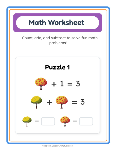 Preview of Math Worksheet worksheet featuring Trees for kindergarten
