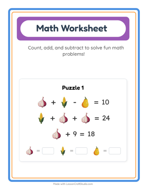 Preview of Math Worksheet worksheet featuring Vegetables for kindergarten