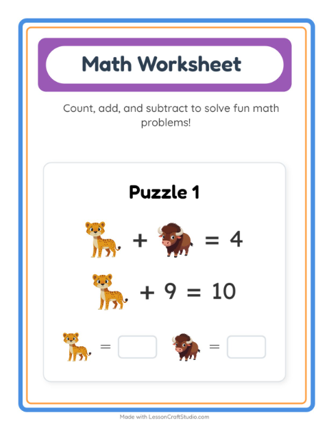 Preview of Math Worksheet worksheet featuring Zoo Animals for kindergarten
