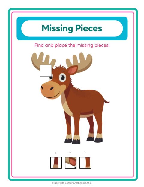 Preview of Missing Pieces worksheet featuring Zoo Animals for kindergarten