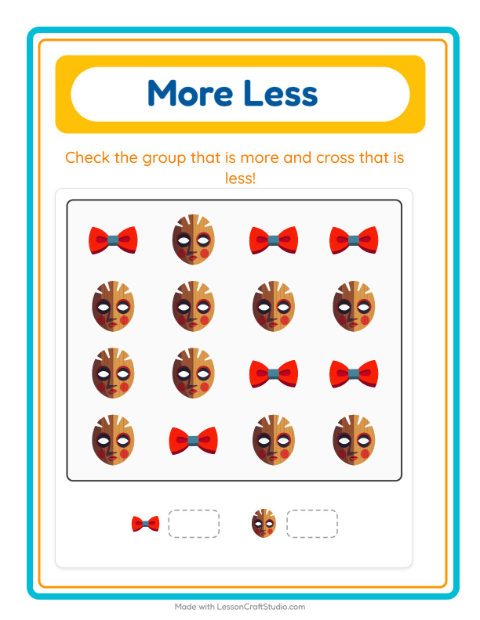 Preview of More Or Less worksheet featuring Accessories for preschool