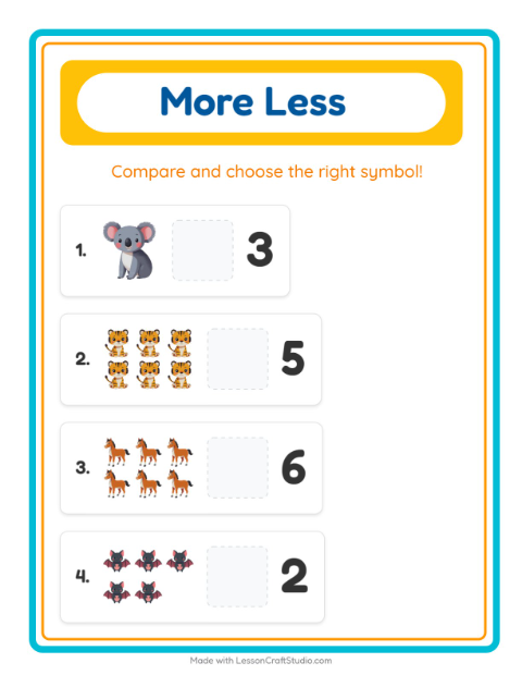 Preview of More Or Less worksheet featuring Animals for preschool