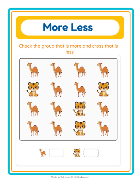 Preview of More Or Less worksheet featuring Animals for preschool