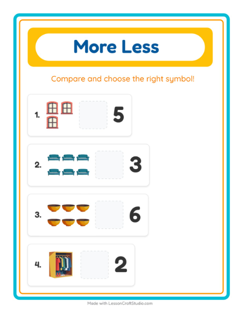 Preview of More Or Less worksheet featuring Around the House for preschool
