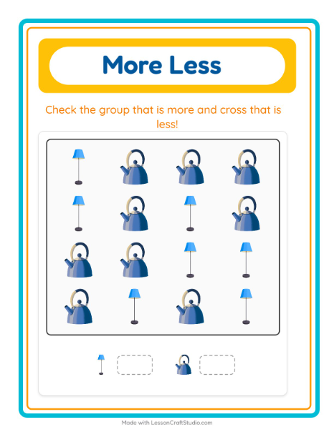 Preview of More Or Less worksheet featuring Around the House for preschool