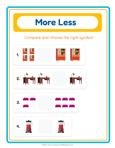 Preview of More Or Less worksheet featuring Around the House for preschool