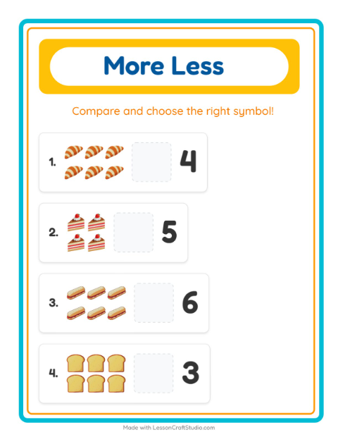 Preview of More Or Less worksheet featuring Bakery for preschool