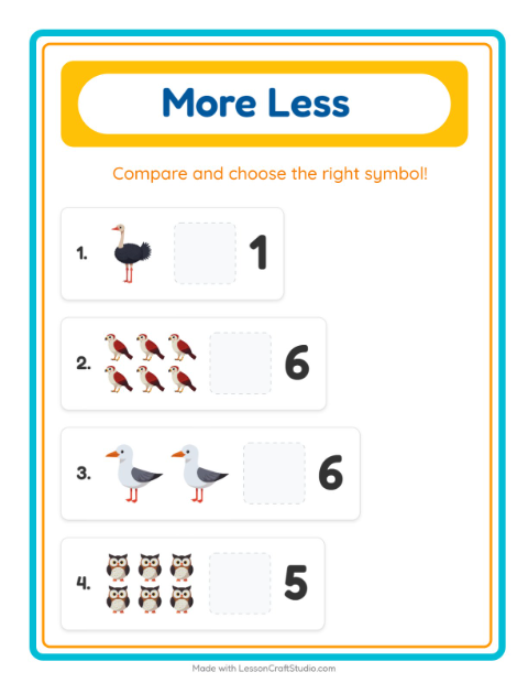 Preview of More Or Less worksheet featuring Birds 2 for preschool