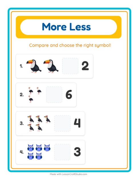 Preview of More Or Less worksheet featuring Birds for preschool