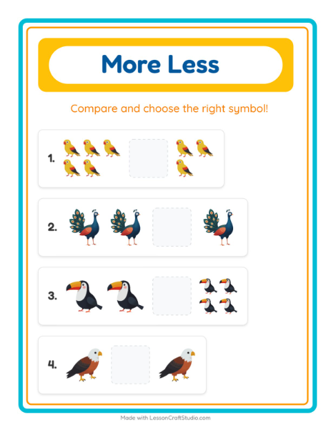 Preview of More Or Less worksheet featuring Birds for preschool