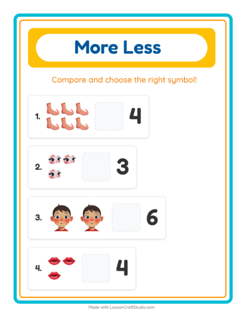 Preview of More Or Less worksheet featuring Body Parts for preschool