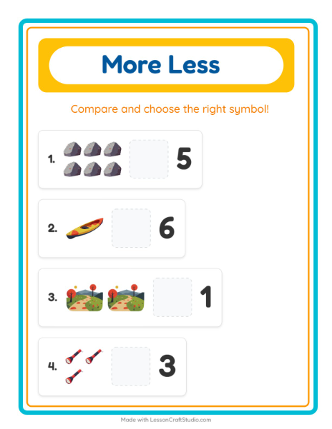 Preview of More Or Less worksheet featuring Camping for preschool