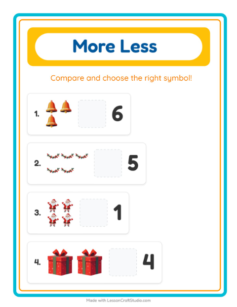 Preview of More Or Less worksheet featuring Christmas for preschool