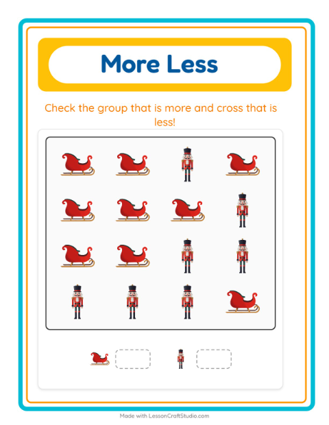 Preview of More Or Less worksheet featuring Christmas for preschool