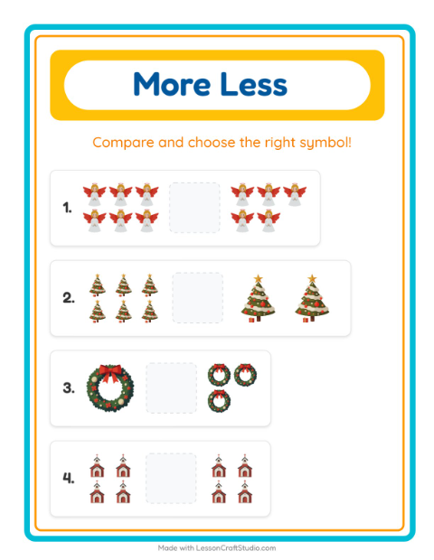 Preview of More Or Less worksheet featuring Christmas for preschool