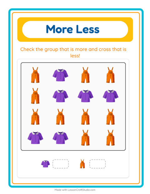 Preview of More Or Less worksheet featuring Clothing for preschool