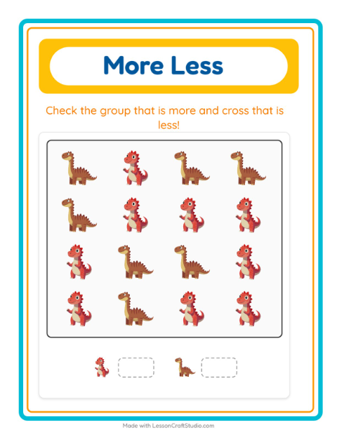 Preview of More Or Less worksheet featuring Dinosaurs for preschool