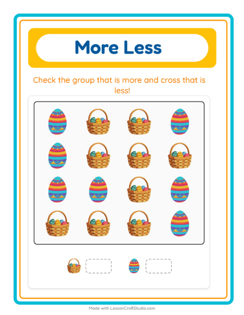 Preview of More Or Less worksheet featuring Easter for preschool