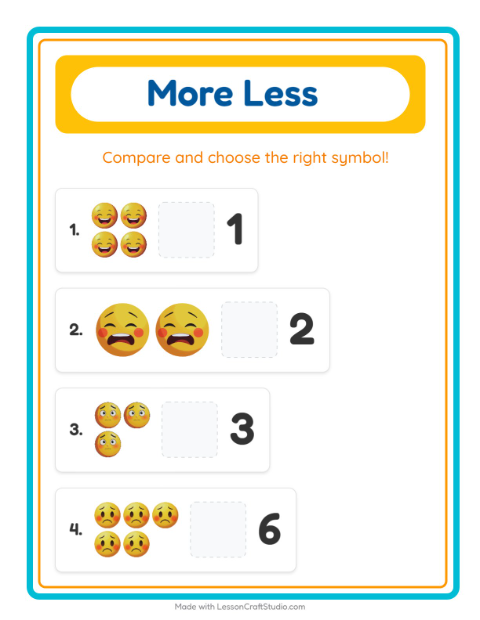Preview of More Or Less worksheet featuring Emotions for preschool