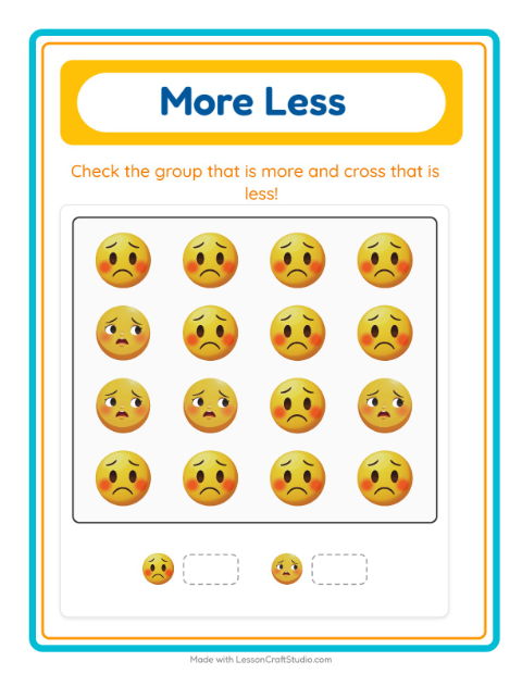 Preview of More Or Less worksheet featuring Emotions for preschool