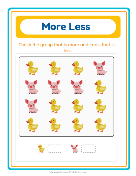 Preview of More Or Less worksheet featuring Farm Animals for preschool